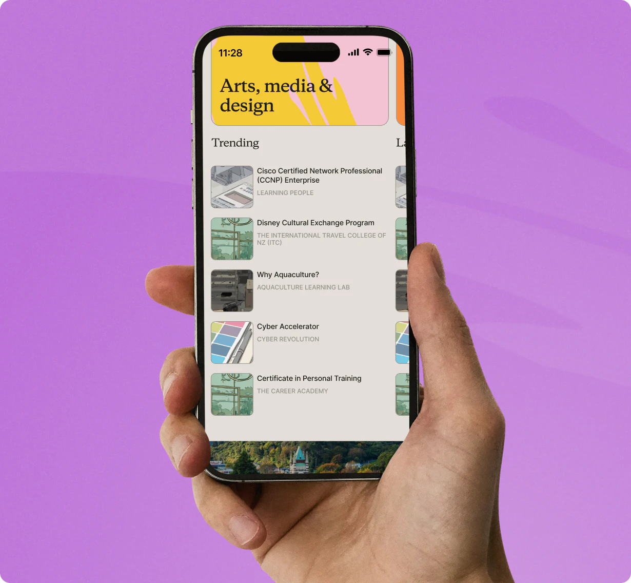 The Nexties course catalogue on a phone: the Arts, media and design category with a list of trending courses