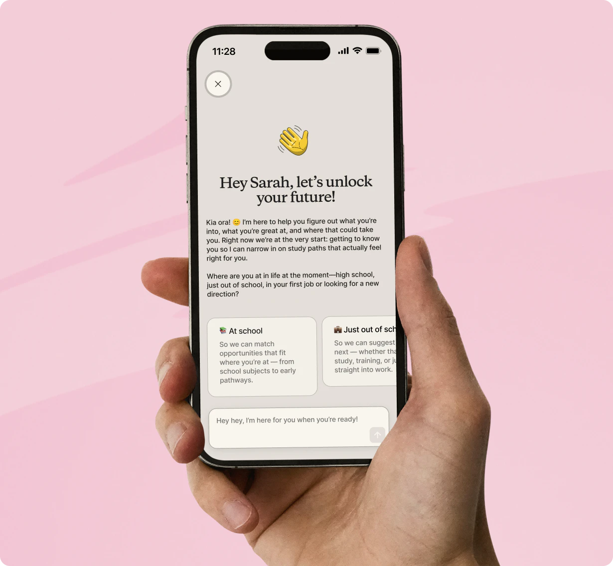 FutureMix on a phone: a chat that opens “Hey Sarah, let’s unlock your future!” and asks where you’re at, still at school or just out of it