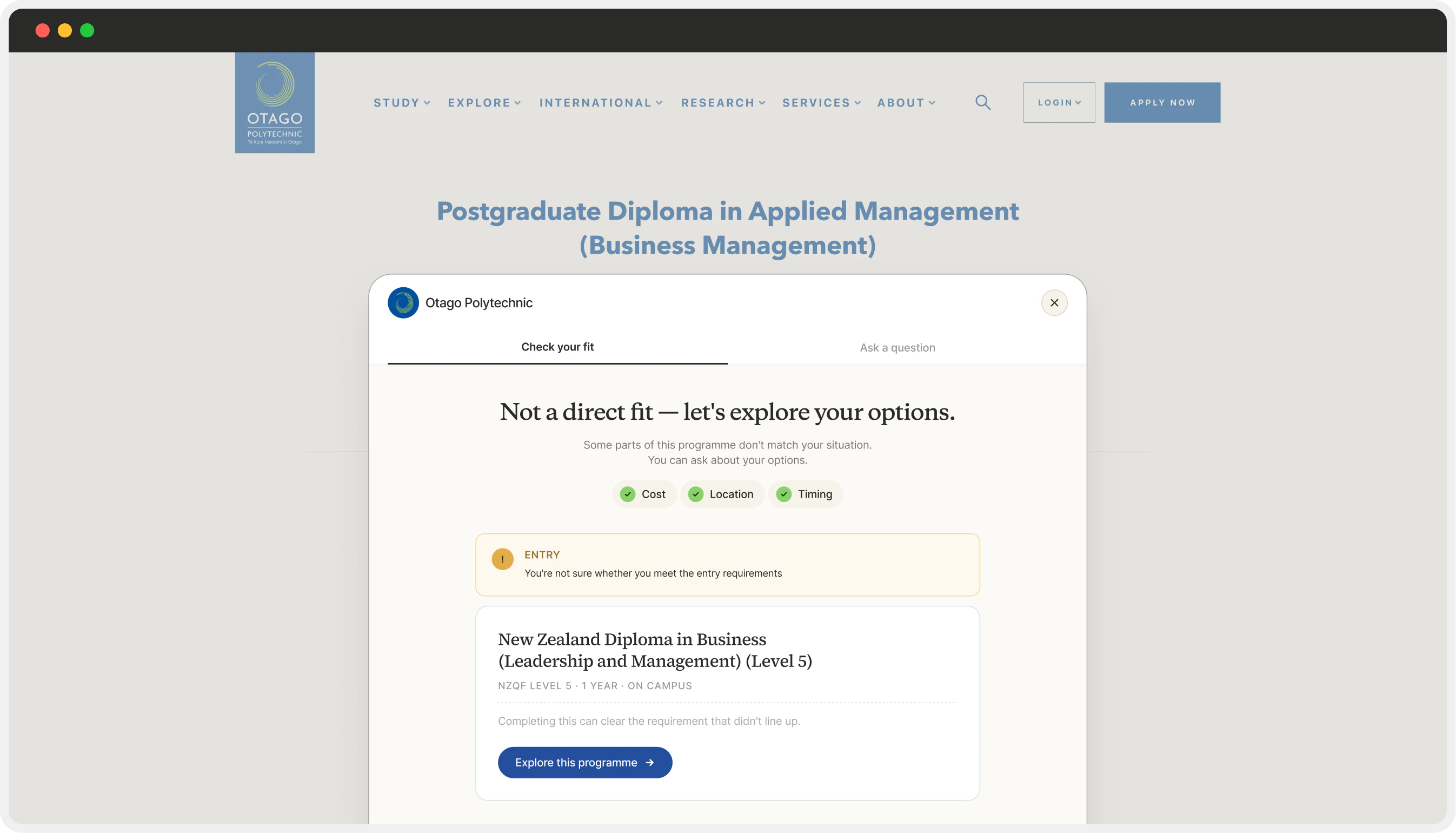 FitCheck open on an Otago Polytechnic Postgraduate Diploma in Applied Management page: the Check your fit result says it’s not a direct fit, with cost, location and timing fine, entry to check, and a New Zealand Diploma in Business suggested as a way in.