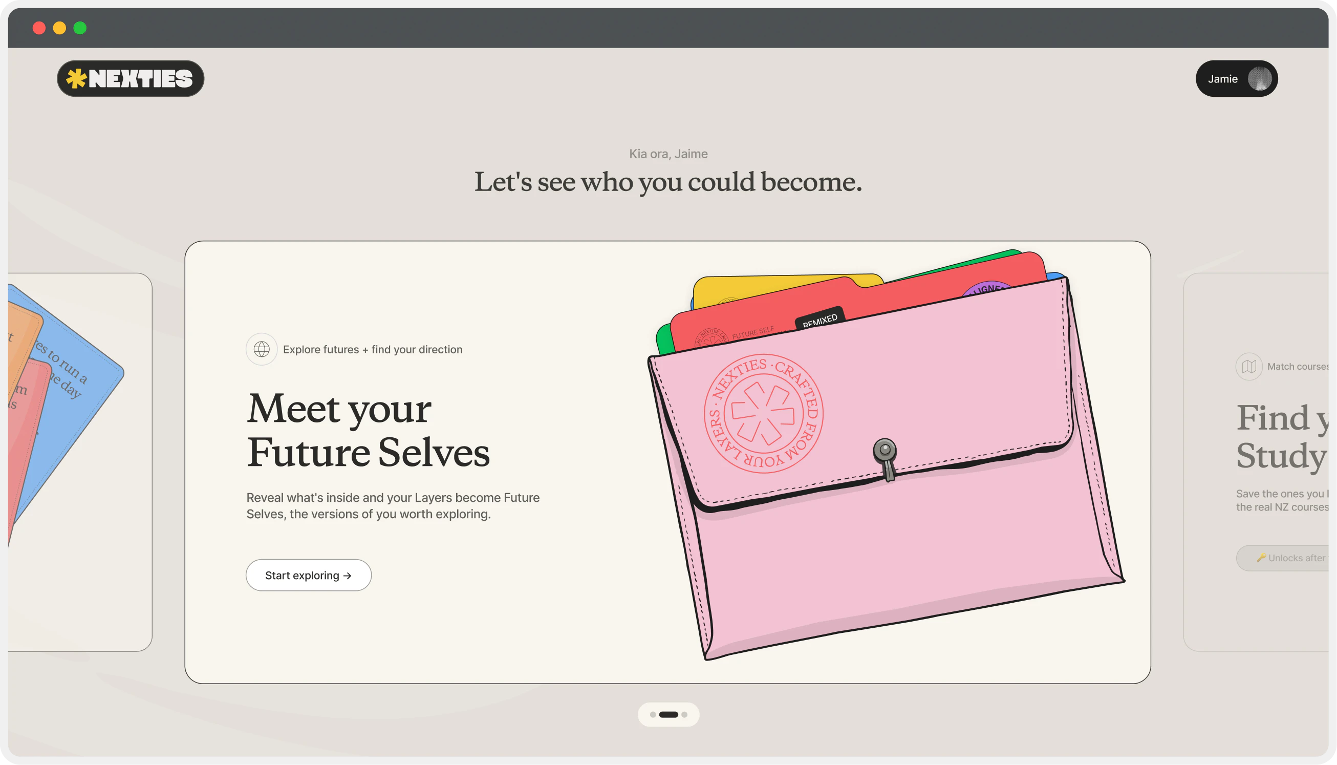 Nexties Classroom’s home screen: “Let’s see who you could become.”, with a “Meet your Future Selves” card, “Reveal what’s inside and your Layers become Future Selves, the versions of you worth exploring”, beside a pink wallet of Future Self cards.
